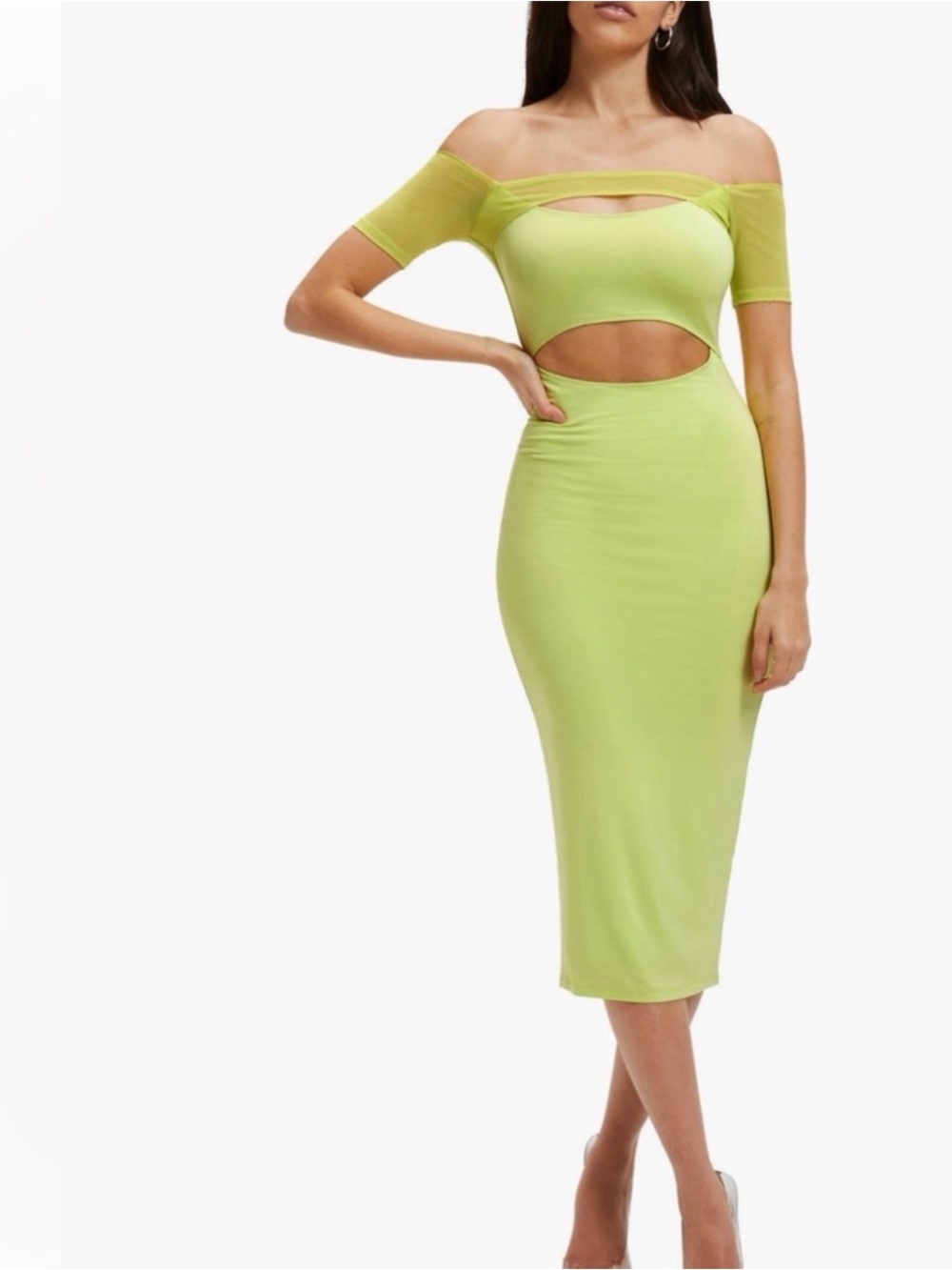 Good American Lime Green Off-Shoulder Cutout Midi Dress